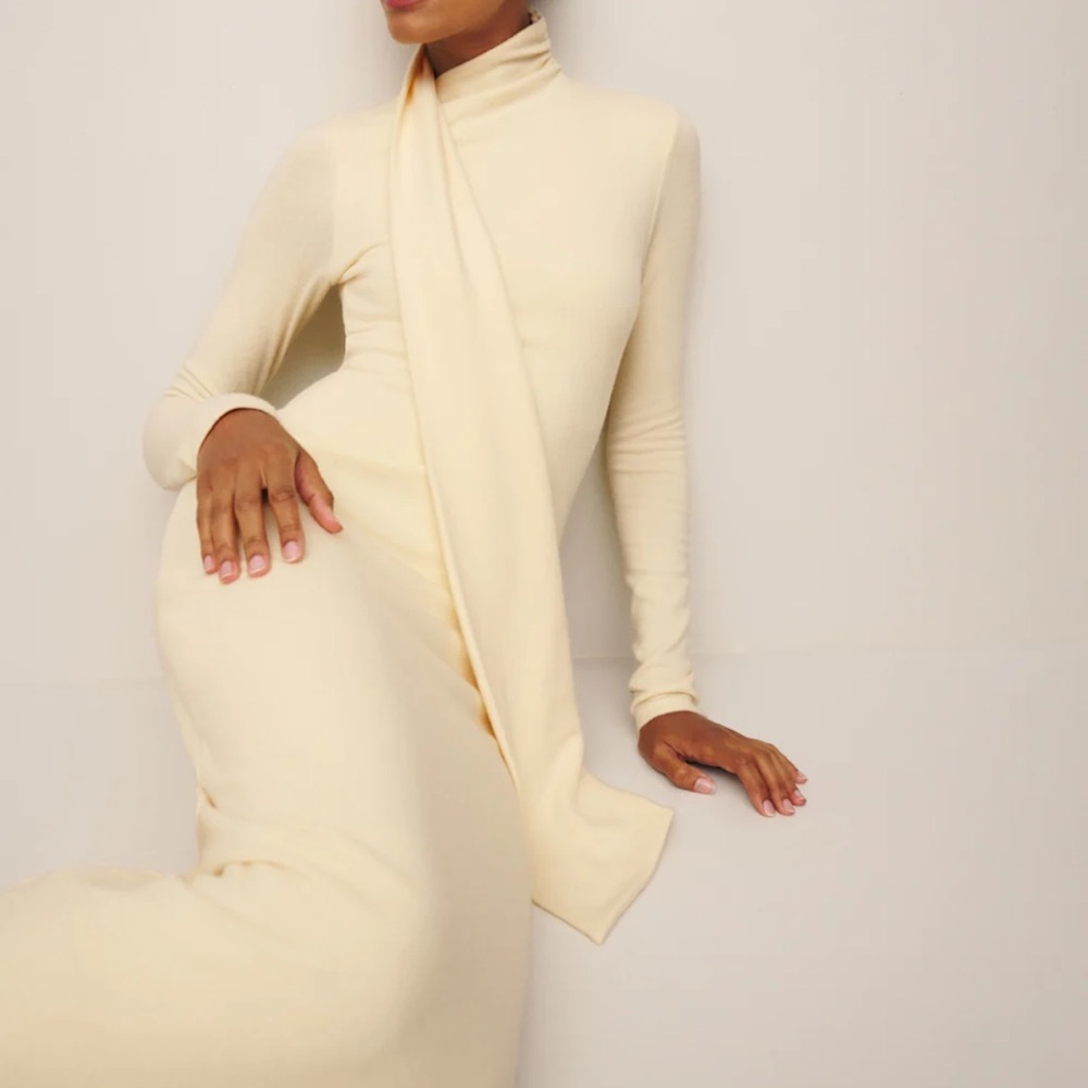 Reformation Azure Knit Cream Long Sleeve cashmere maxi dress